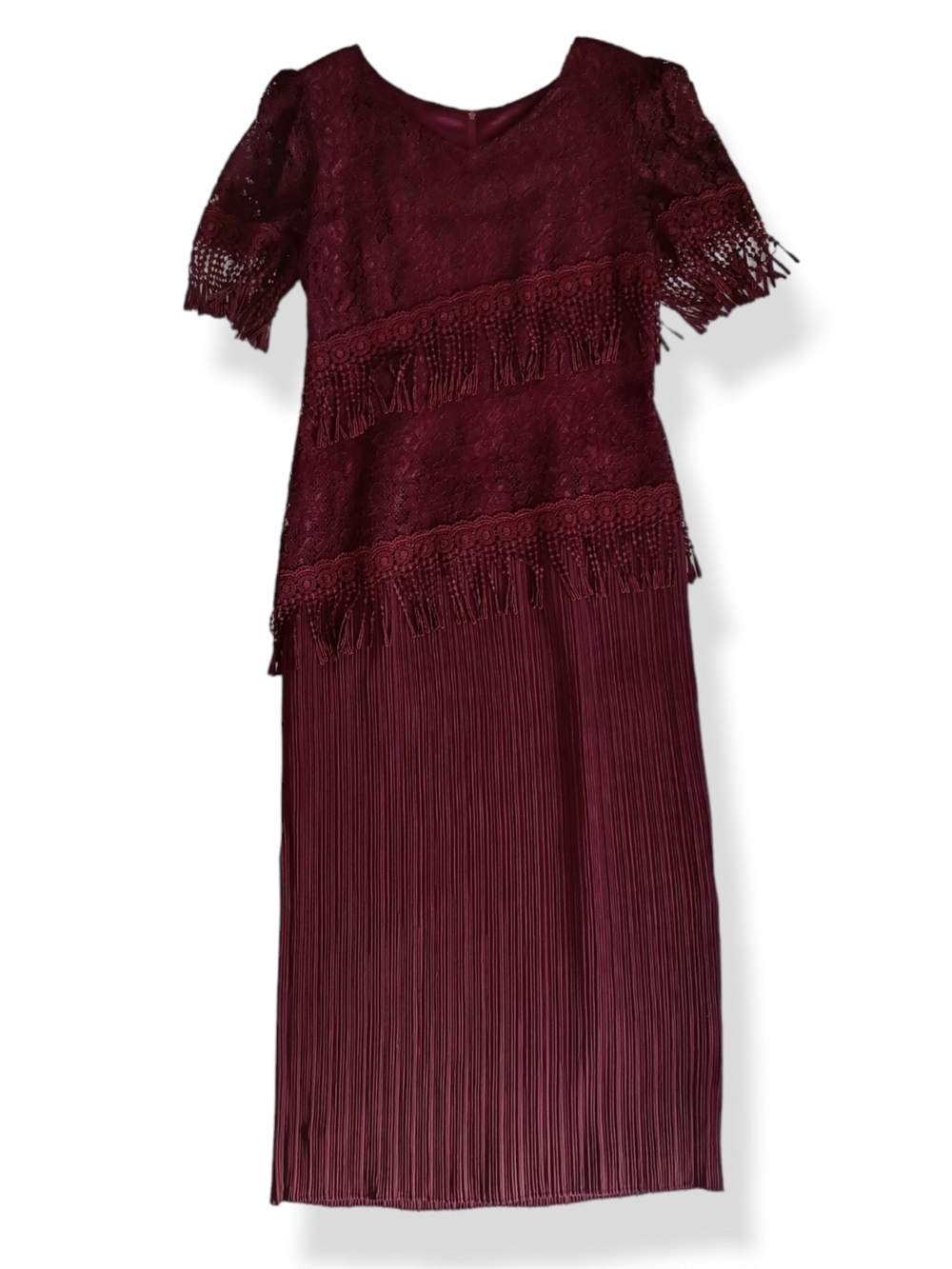 Aspeed Maxi Dress Red Modest Evening Wear Lace Pleated Fringe Maroon Long Size M
